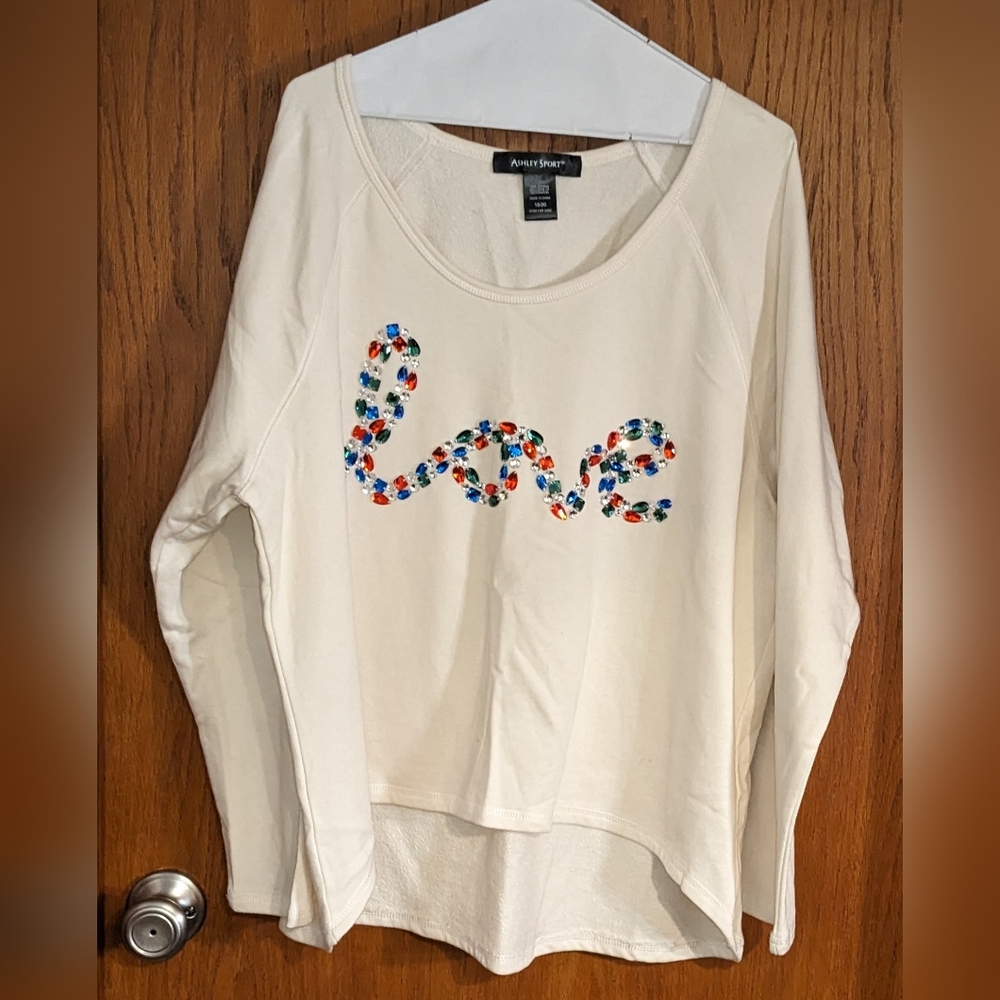 Women's Ashley Sport Jewel Embellished "LOVE"‎ Long Sleeve Shirt White Sz18/20